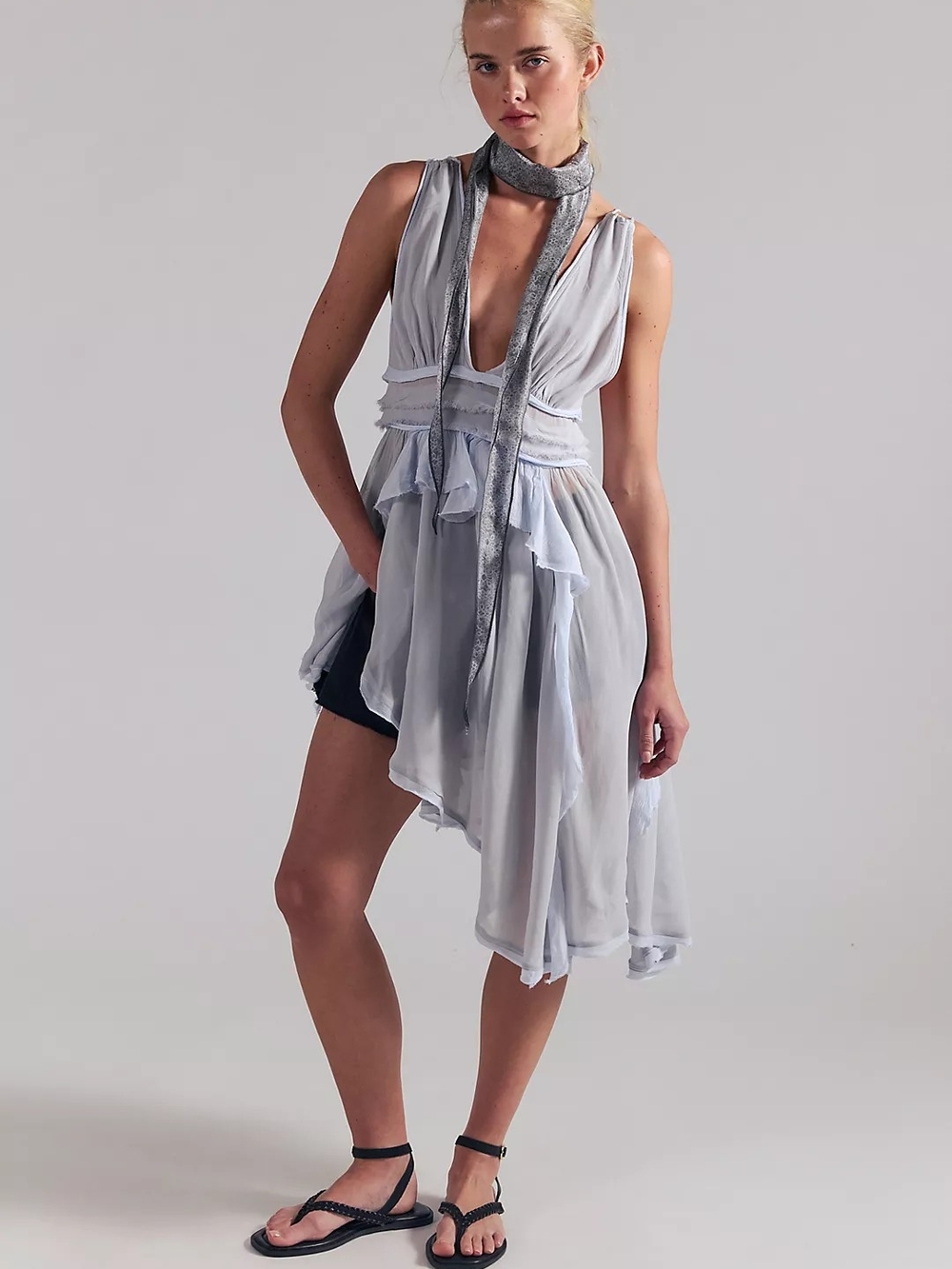 Free People Asymmetrical Light Gray Blue Chiffon Dress
